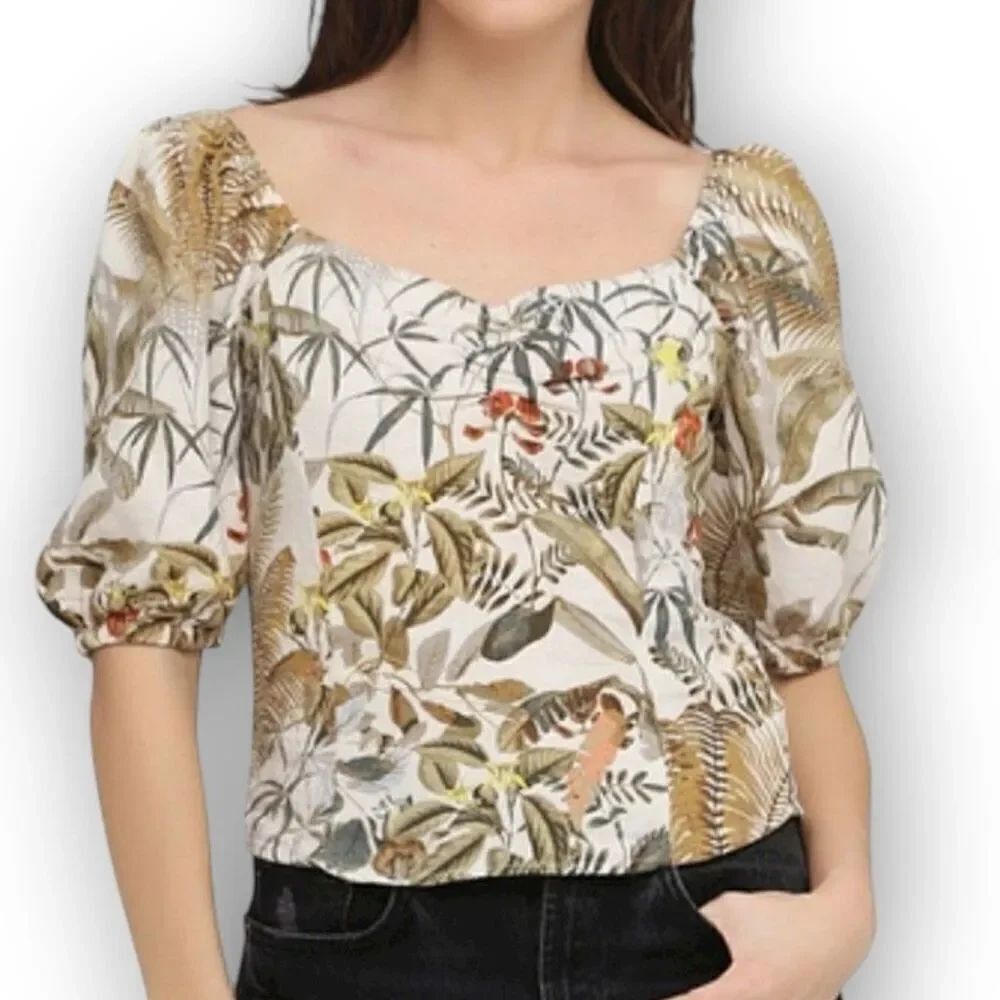 H&M Tropical Palm Tree Printed Linen Blend Puff Sleeve Blouse Top Womens Size XS